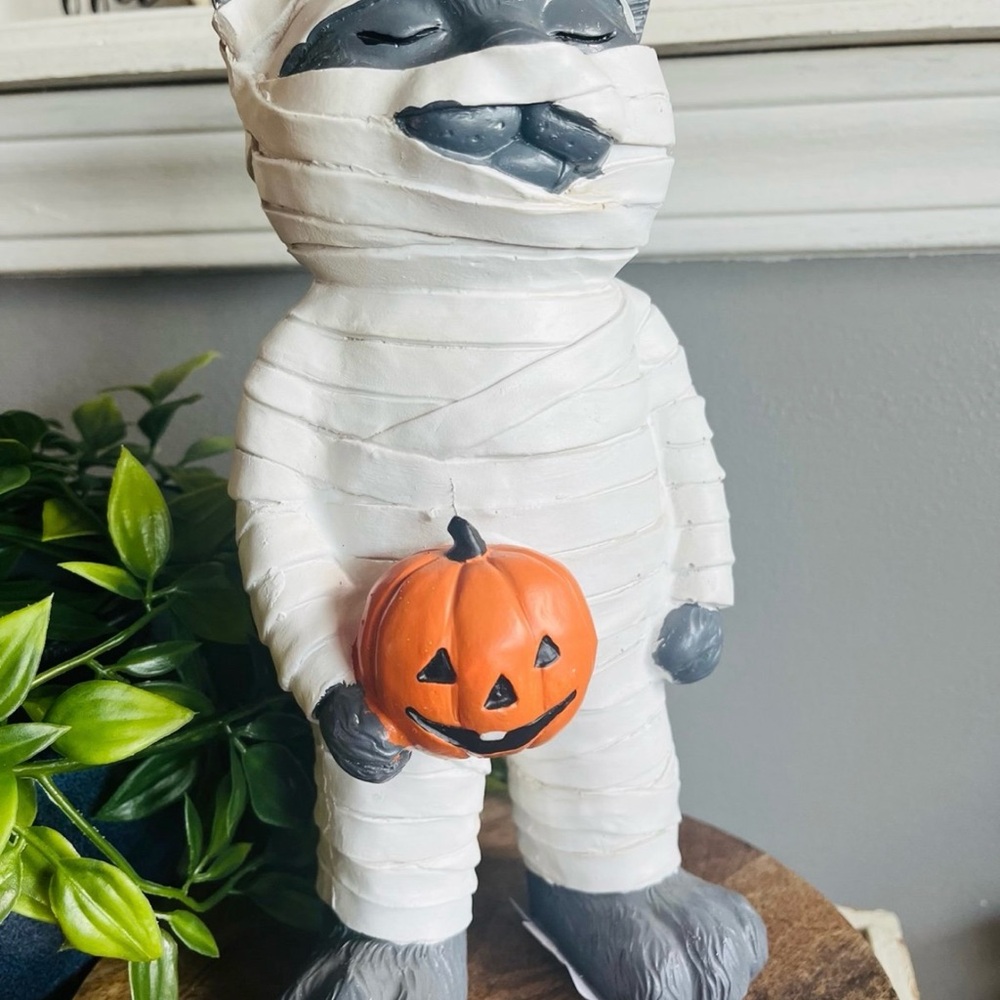 Halloween Mummy Cat Figurine 10” Resin Decor Black Cat Pumpkin NWT